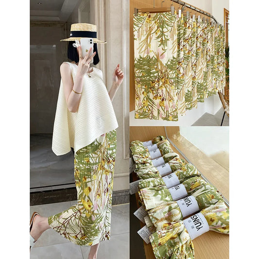 Women's Plus Size Summer New Arrival Elegant Classic Pleated Texture Lazy Style Floral Print Slit High Waist Slimming Skirt