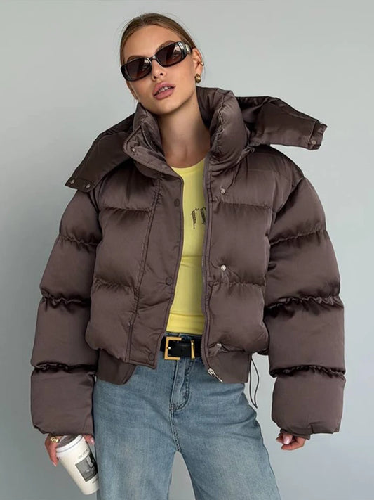 Women's Cropped Puffy Jacket Detachable Hood Drawstring Waist Drop Shoulder Long Sleeve Loose Padded Winter Down Jackets