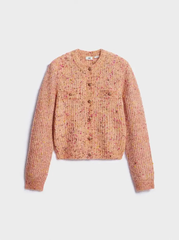 Women Cropped Knit Cardigan Speckled Round Neck Metal Button Front Long Sleeve Slim Fit Knit Jacket Casual Ladies Outerwear