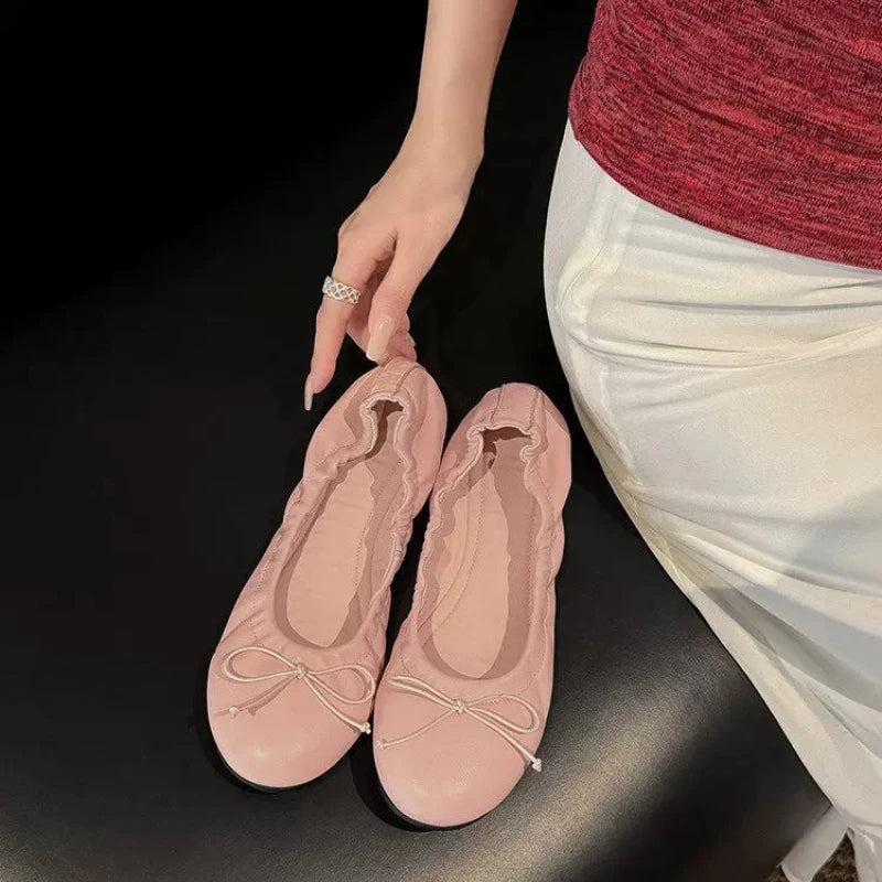 2026 Elegant Retro Red Bowknot Ballet Shoes for Women Soft Flat Loafers for Women's All Match Commuting Footwear Zapatos Mujer