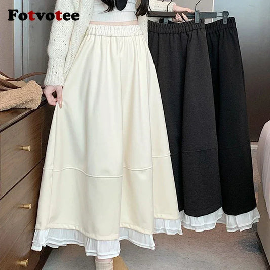 FOTVOTEE Japanese Autumn Woolen Midi Skirt for Women Elastic High Waist Ruffle Hem A Line Skirts Women Loose Draped Casual Skirt