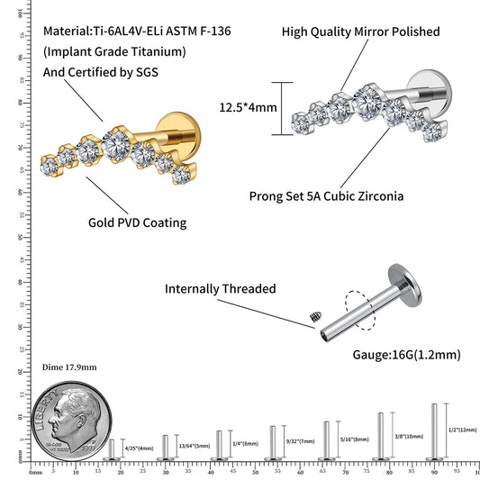 Right Grand ASTM F136 Titanium 16G CZ Cluster Climber Stud Earring Labret Helix Tragus Cartilage Stud Flatback Piercing
