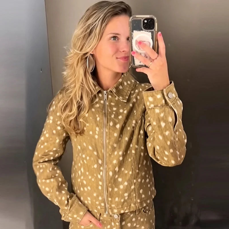 Retro American Deer Dotted Print 2 Piece Outfit Zipper Jacket Button Loose Trousers 2026 Winter New Casual Women Pants Sets