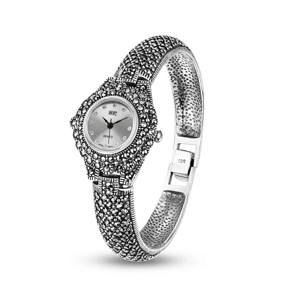Solid 925 Sterling Silver Thailand Silver Marcasite Luxury Wrist Watches Jewelry Women's Quartz Watches Bracelet Fine Jewelry