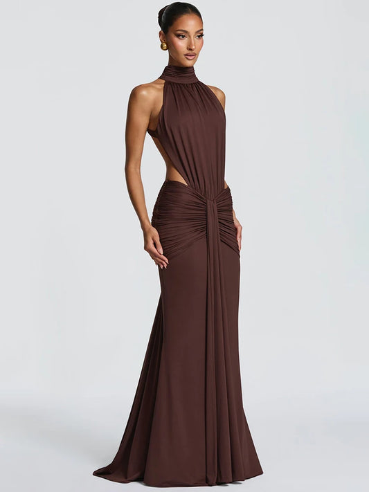 High-Neck Open-Back Ruched Long Dress
