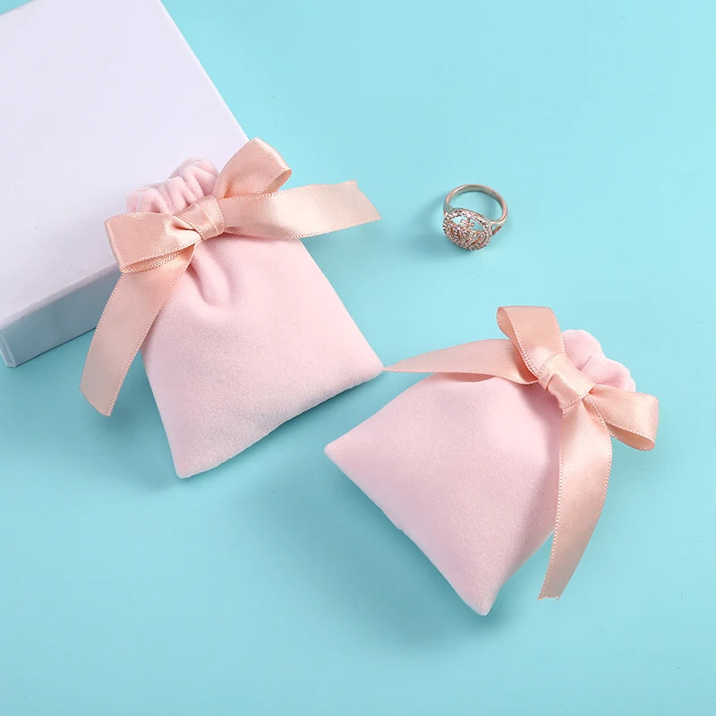 10pcs/lot 7x9cm Pink Velvet Ribbon Bag Drawstring Earrings Rings Necklace Bracelet Wedding Christmas Gift Storage Pouches