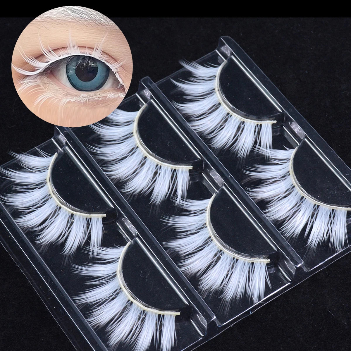 3 Pairs Fluffy Lace White Eyelashes 3D Natural Colored Artificial Vegan Silk Eye Lashes For Cosplay Halloween Makeup Party