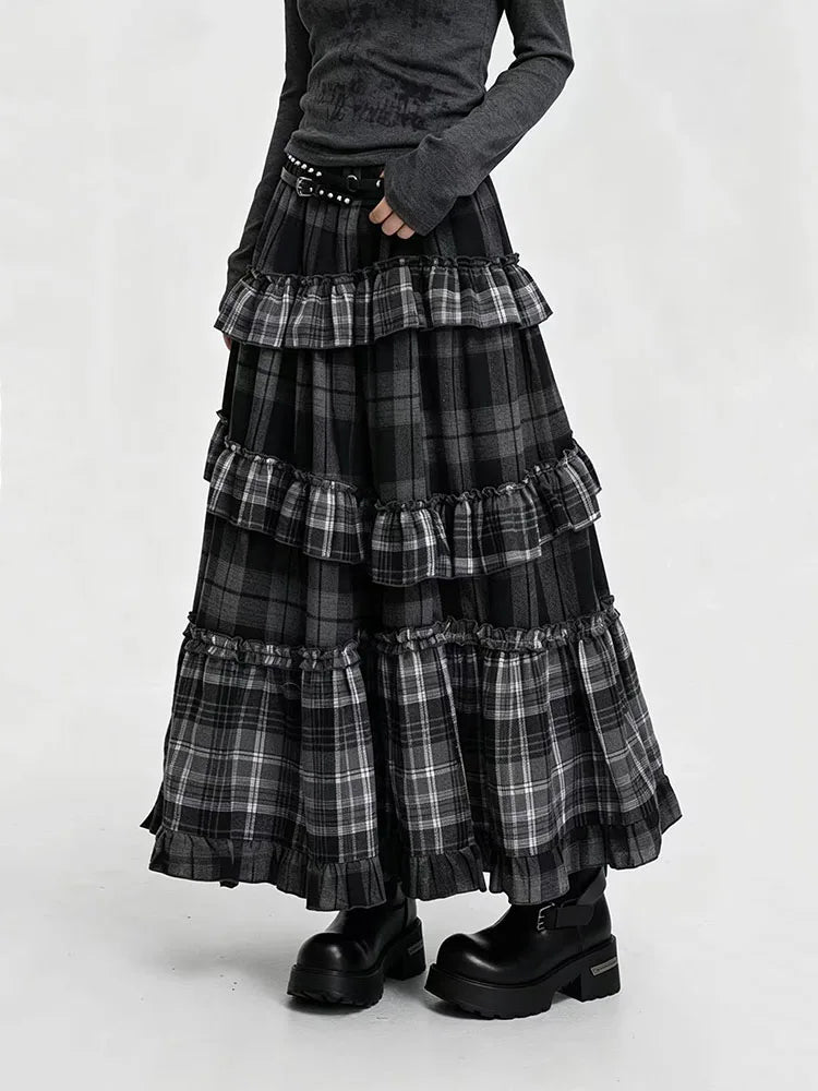 Vintage Plaid Patchwork Skirts for Women Japanese High Waist Ruffles Splicing Midi Skirts Y2K Harajuku Streetwear A Line Skirts