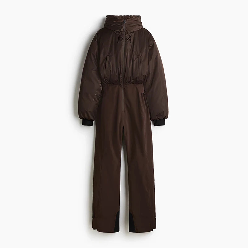 Fashion Hooded One-Piece Ski Jumpsuit Women Stand Collar Zipper High Waist Solid Windproof Outwear 2026 Winter Lady Skiwears New