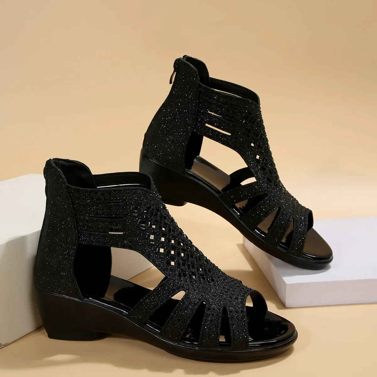 Fashion Rhinestone Wedge Sandals Women Summer New Elegant Ladies Rome Shoes Hollow Sandals Female Black Casual Sandalias