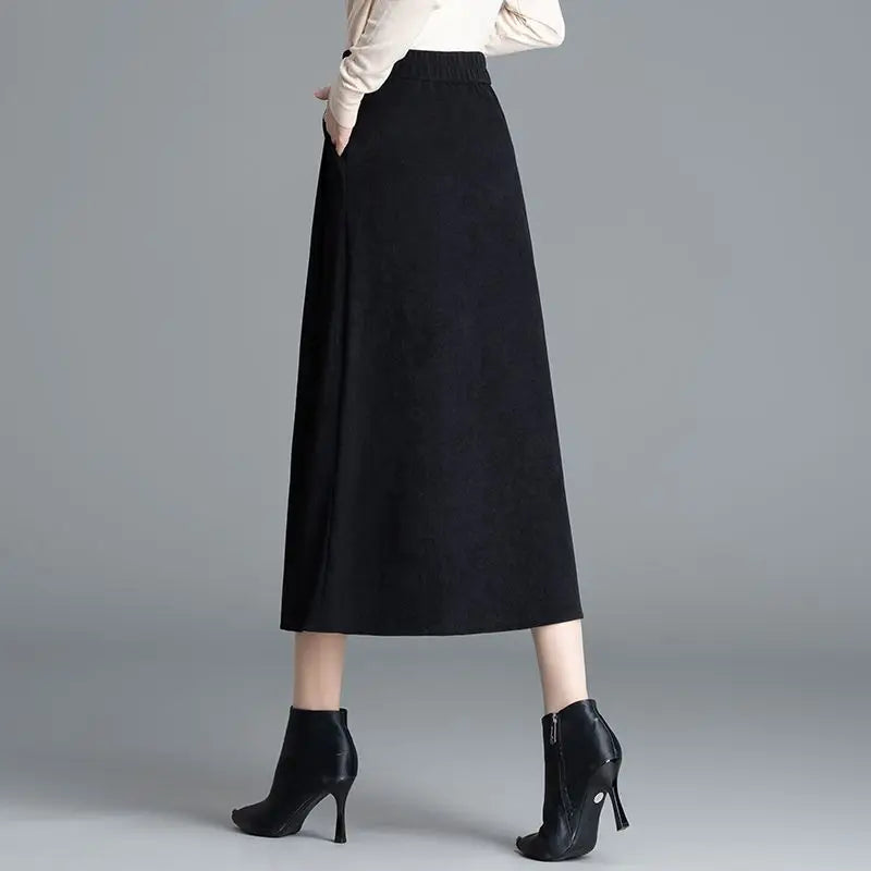 Women Autumn Winter Wool Blend A Line Midi Skirt High Waist Button Casual Office Bottoms