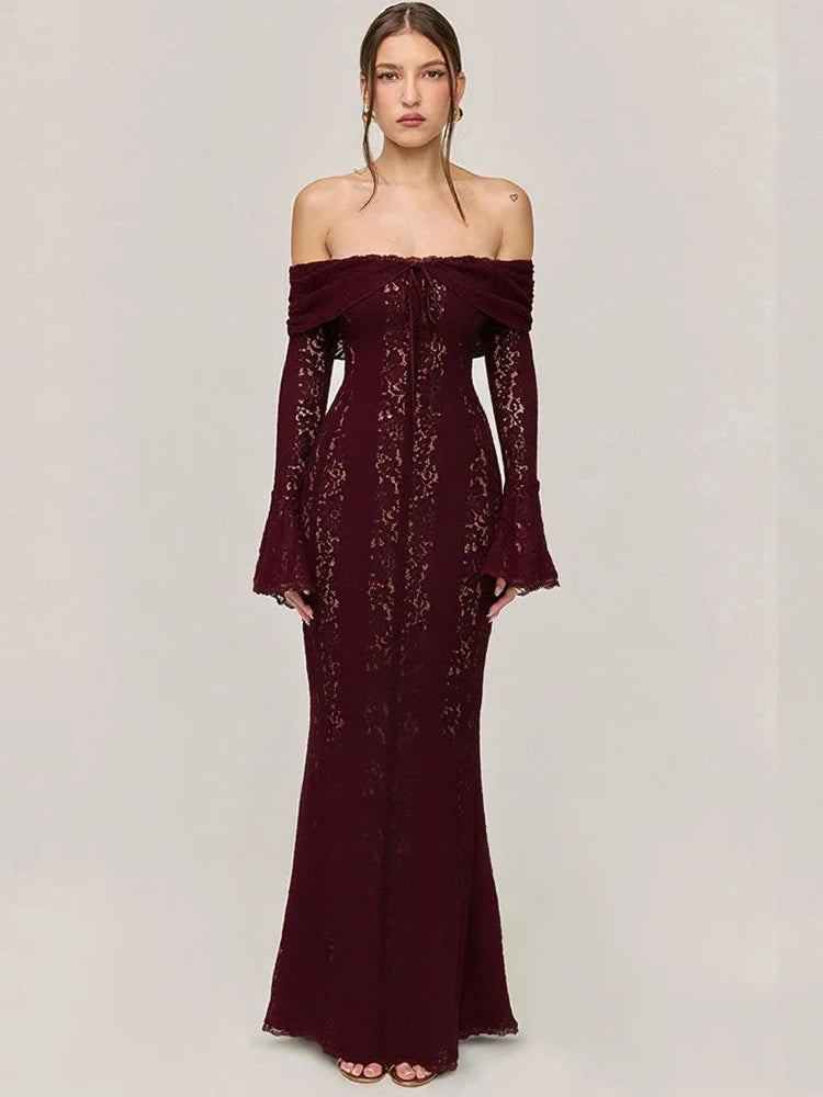 Mingmingxi Autumn Long Sleeve Maxi Dresses for Women 2024 New in Elegant Flare Sleeve Lace Dress Long Birthday Party Dresses