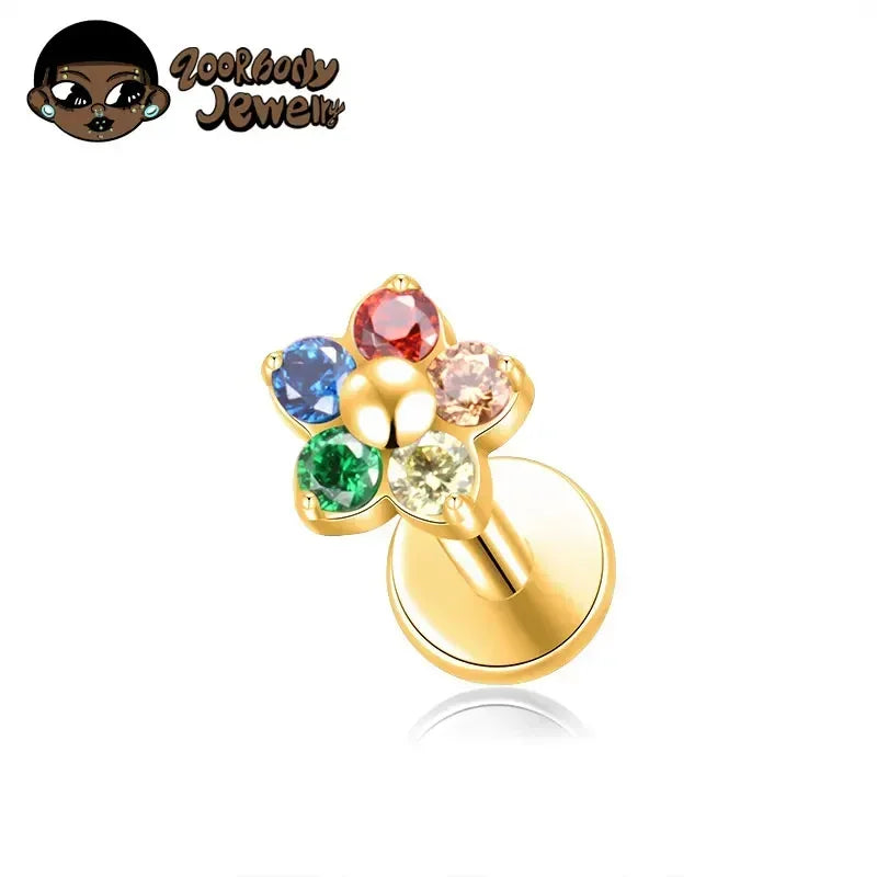 G23 Titanium Colorful Flower Lip Piercing Women 16G 18G Snowflake Heart CZ Tragus Cartilage Helix Conch Daith Earrings Piercing