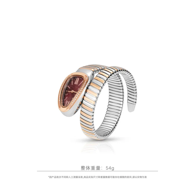 Cameo Luxury Snake Coil Bangle Watch Women Two Tone Stainless steel Silver Rose Gold Red Dial CZ Inlaid Ladies Dress Wristwatch