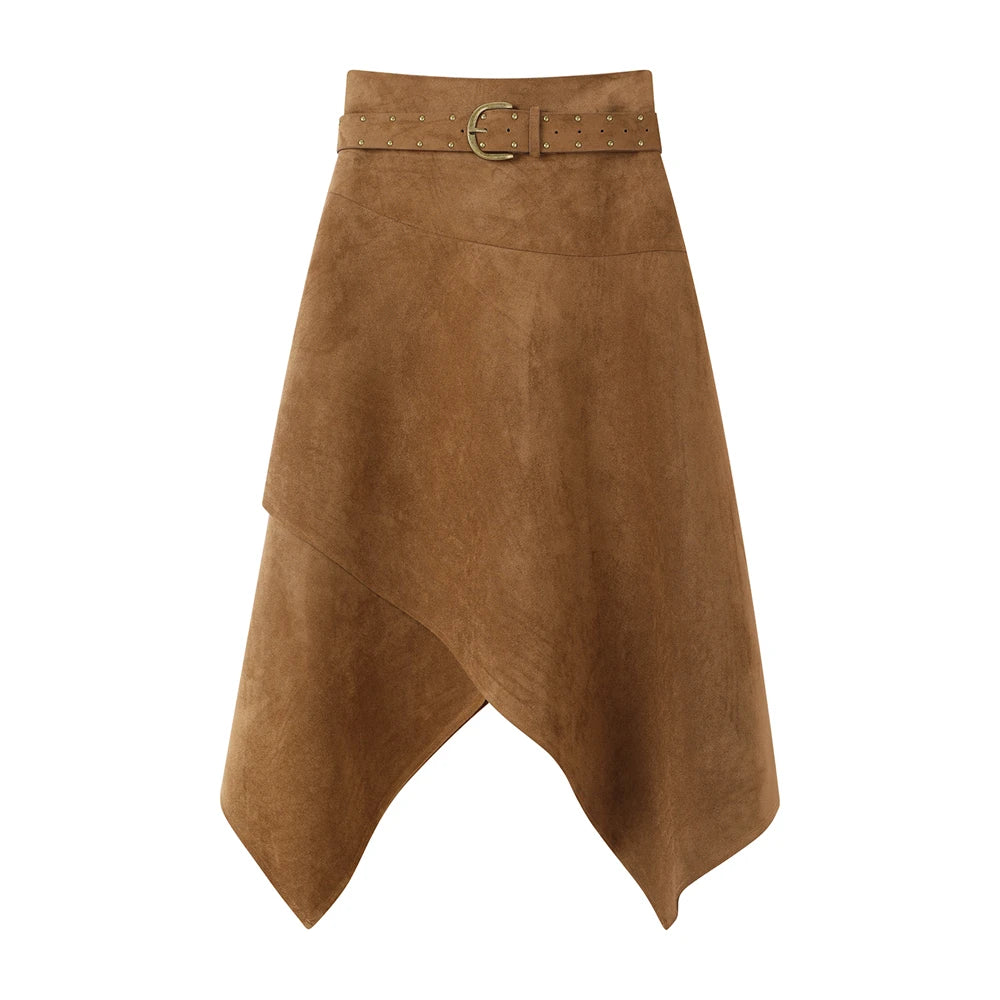 Women's Suede Midi Irregular Skirt With Belt 2000s Aesthetic French Vintage Party A-line High Street Design Maillard Korean New