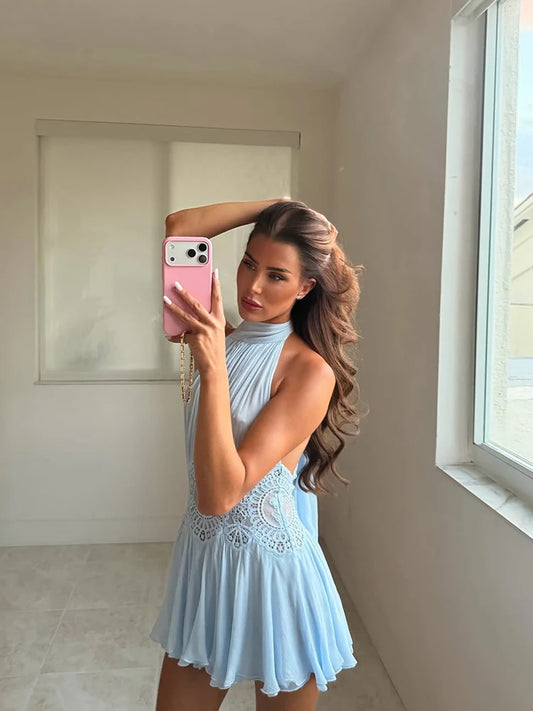 Halter Neck Ribbed Knit Lace Waist Cutout Back Skater Mini Dress Sleeveless Contrast Lace 2026 Summer Women Party Mini Dress