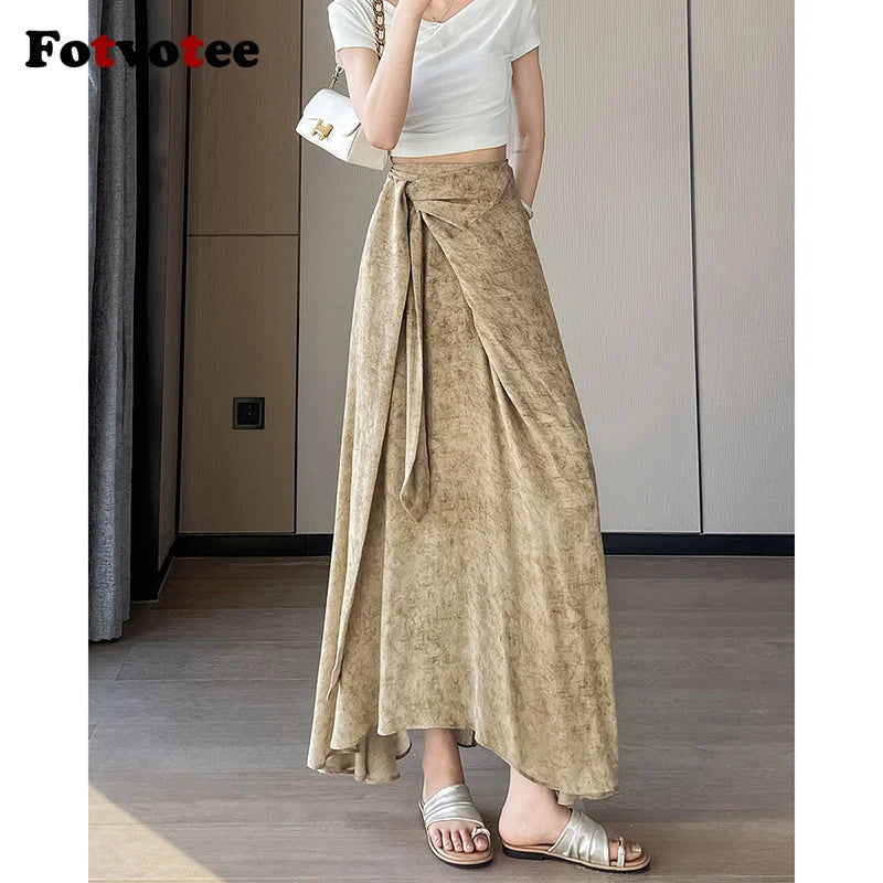 FOTVOTEE Tie Dye Irregular Skirt Women High Waist Tie Slimming Drape Long Skirt Boho Beach Vintage Temperament A Line Skirts