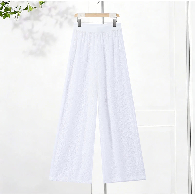 See Through Lace Vest Pant Set Women Beach Sling Tops Pleated Straight Pants 2026 Summer Vacation Hollow Out Lady Suits