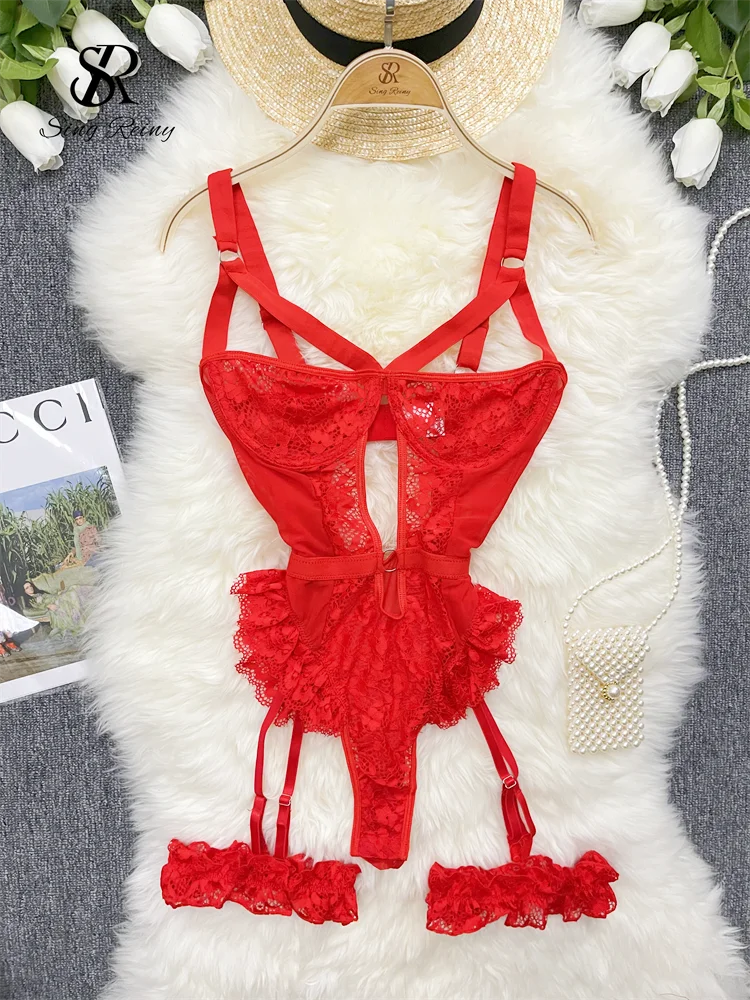 SINGREINY Women Erotic Sexy Lace Rompers Sleeveless Backless Slim Short Playsuit Transparent Underwear Hollow Out Mesh Bodysuits