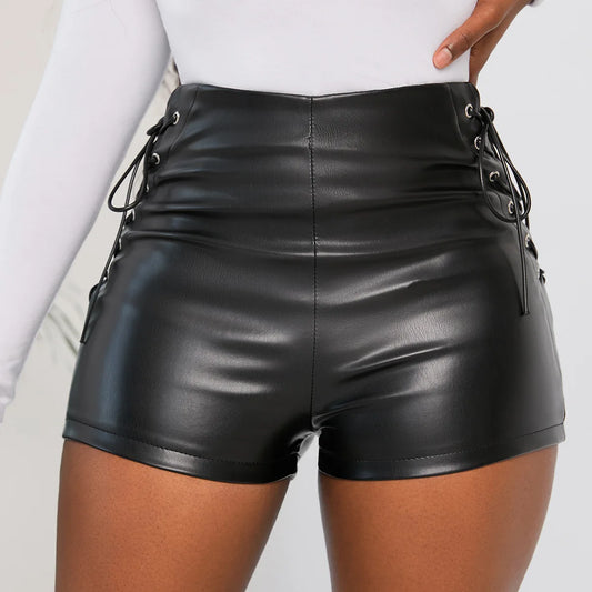 Sexy Black PU Fashion Casual Summer Shorts Women Faux Leather Lace Up Goth Club High Waist Shorts Y2K Slim Short Pants Ecoparty