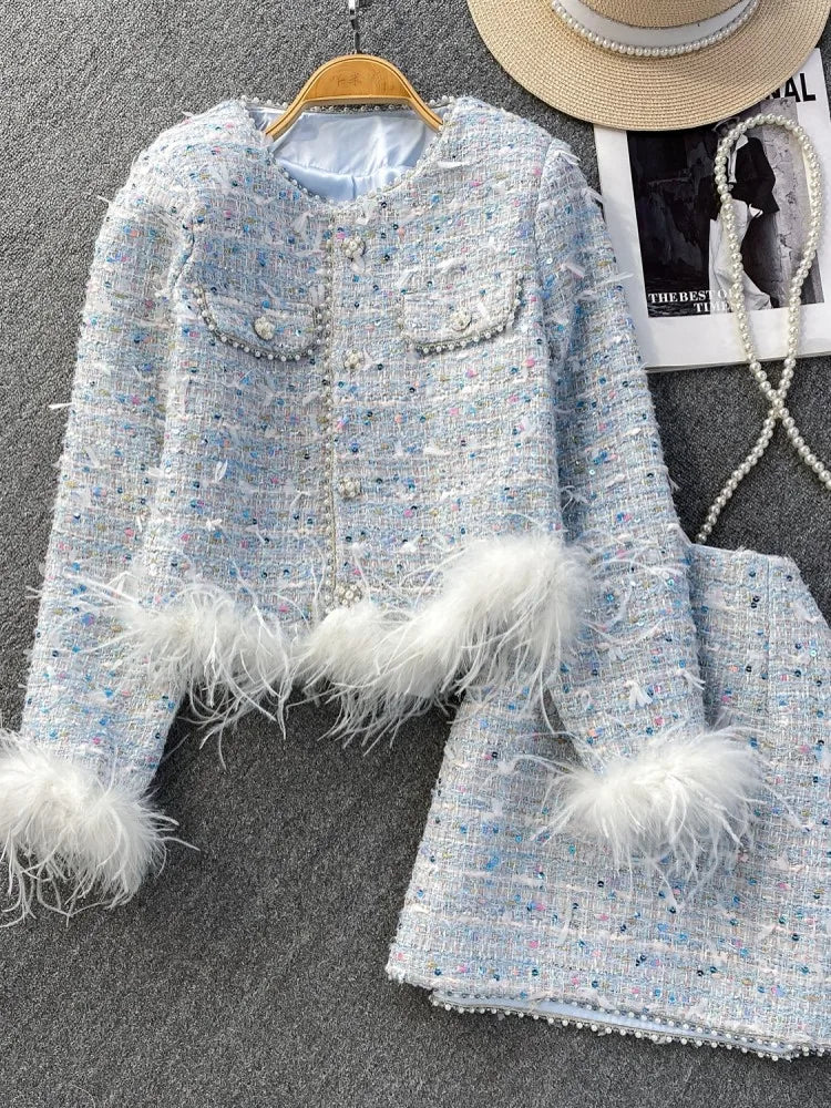 Autumn Winter Women Slim Fit Tweed Jacket Mini Skirt Two Piece Set Elegant Ladies Feathers Beading Sequin Birthday Party Outfits