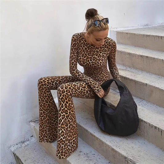 Sexy Leopard Print Slim Jumpsuits Women Trendy Backless Tight Long Sleeve Jumpsuit Hot Girl Clothing Fashion Streetwear 2025