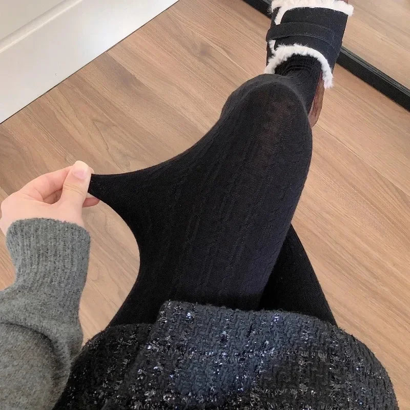 150g Women Vintage Vertical Striped Tights Autumn Winter Thermal Slim Stocking Versatile Leggings Underwear Pantyhose