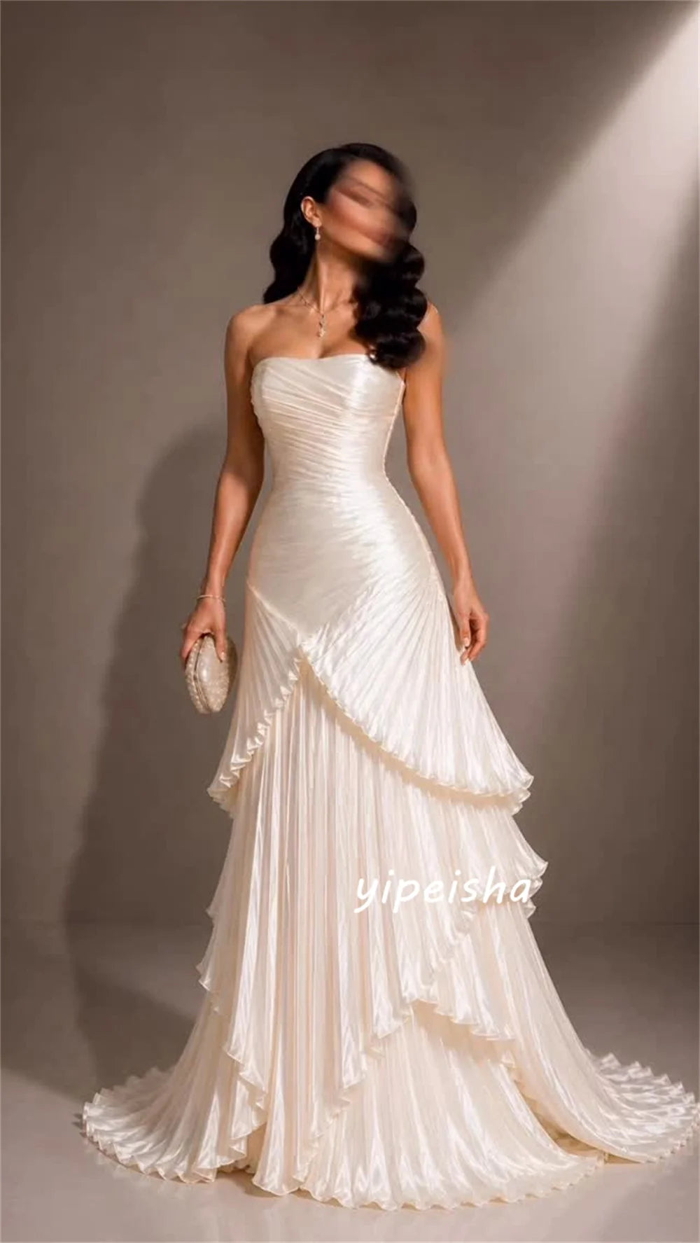 Customized White Dress Formal High Quality Pleat Draped Tiered Mermaid Strapless Floor-Length Evening Dresses For Wedding Party
