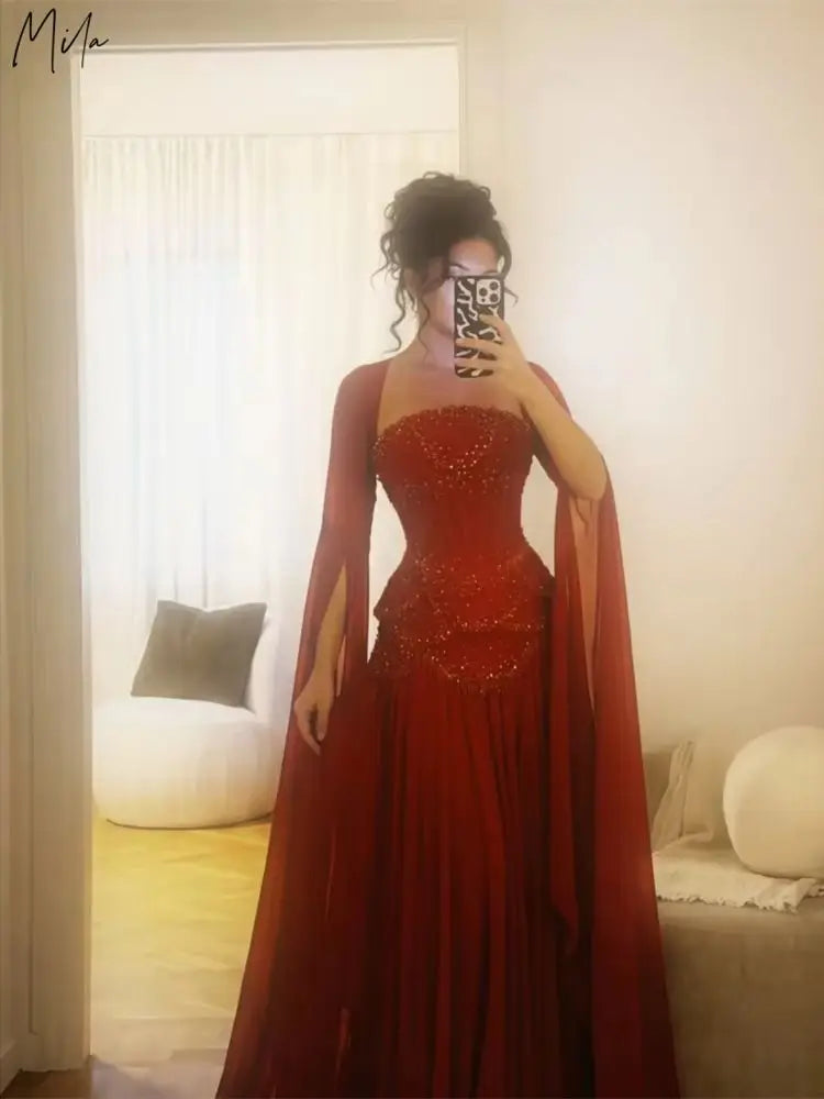 Mila Customized Burgundy Beaded With Shawl Prom Dress Strapless A-line Pleat Formal Evening Floor-Length Vestidos De Fiesta