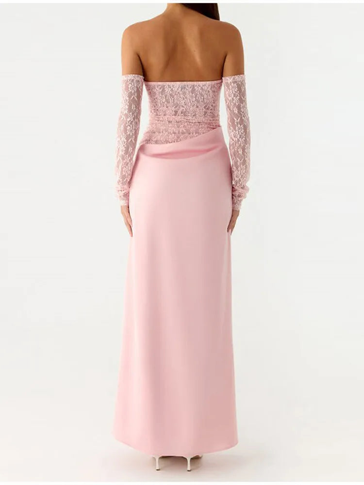 Elegant Pink Sweetheart Strapless Maxi Dress Lace Sheer Long Sleeve Overlay Draped Waist Gown Formal Evening Party Club Outfit