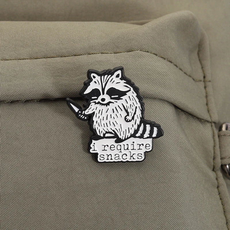 I Require Snacks Enamel Pins Cartoon Trash Panda Raccoon Brooches Lapel Badges Funny Animal Jewelry Gift for Kids Friends