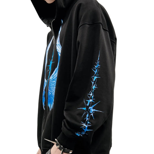 Streetwear Men Zipper Hoodie Bright Side Graphic Print Zip Hooded Pullover Sweatshirt Hip Hop Jacket Y2K Coat Clothing Goth Tops
