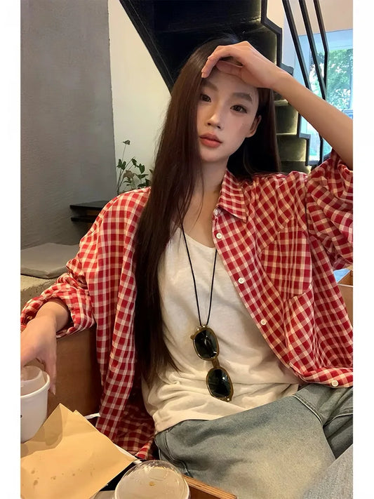 2026 Y2k Autumn Women New Vintage Red Plaid Turn-down Collar Over-shirt Long Sleeve Streetwear Loose Patchwork Harajuku Blouses