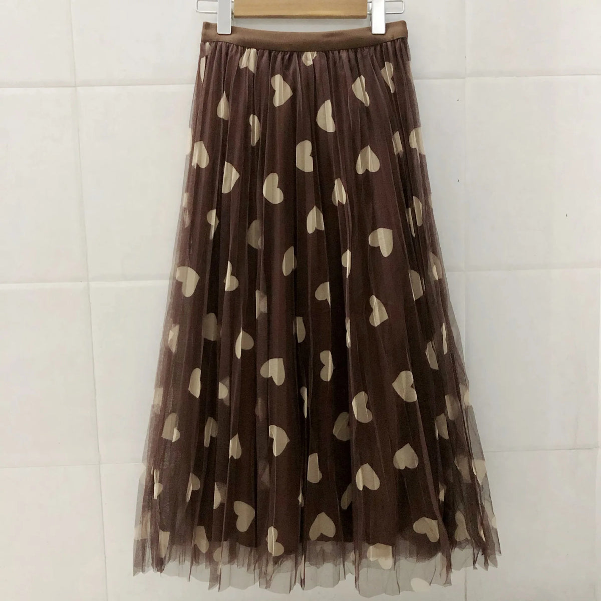 Tulle Maxi Skirt Women Fashion 2022 Spring Summer Heart Print High Waist Pleated Mesh Long Skirt Female Aesthetic Skirt