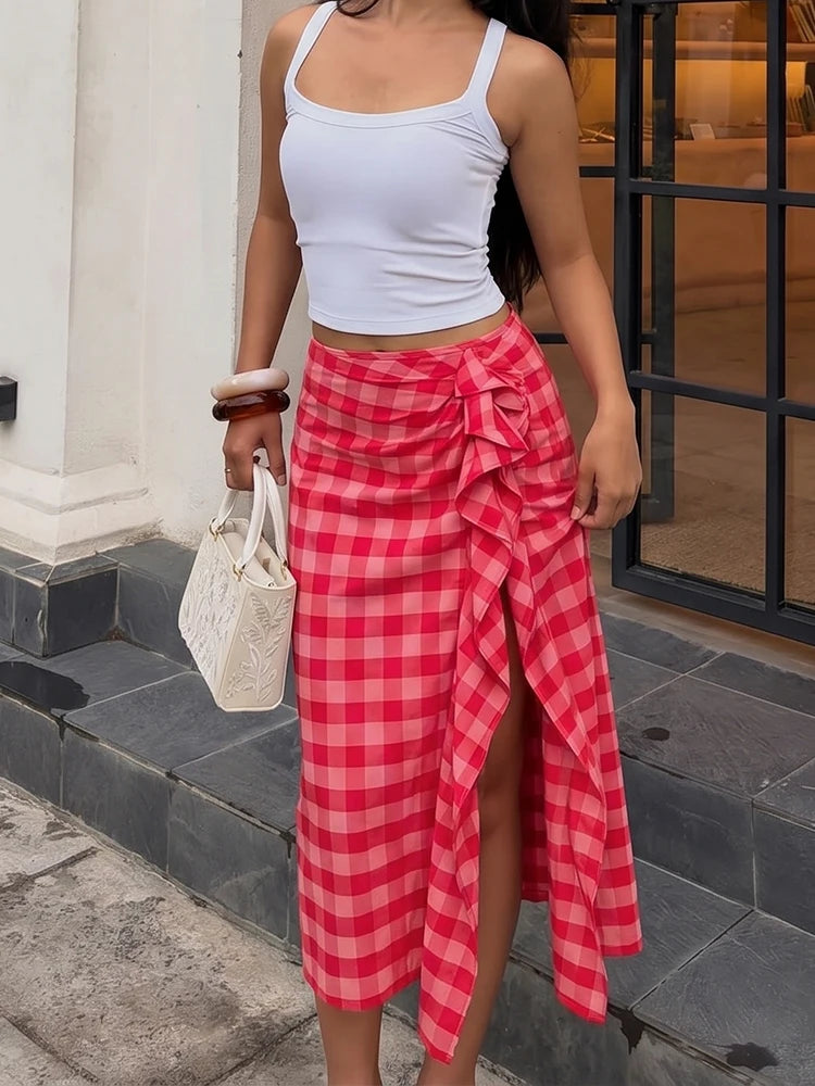 HH Elegant Summer Red Plaid Midi Skirt For Women Chic High Waist Stacked Ruffle Decoration Midi Skirt Female Party Wear