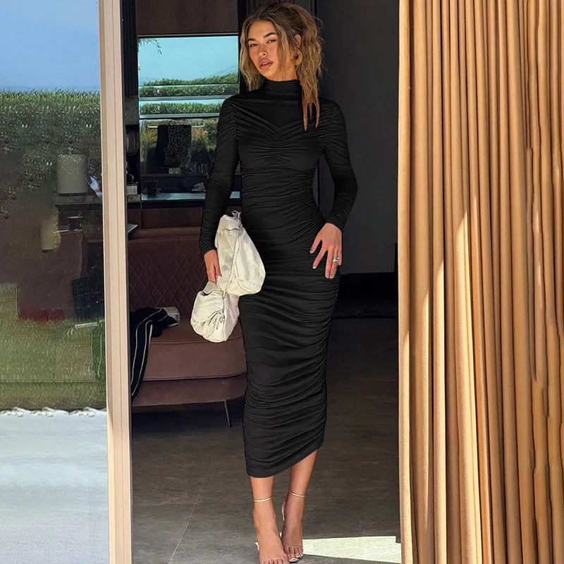 Women's New Solid Temperament Turtleneck Dress Fashion Bodycon Long Sleeve Slim Midi Dresses 2025 Sexy Skinny Party Evening Gown