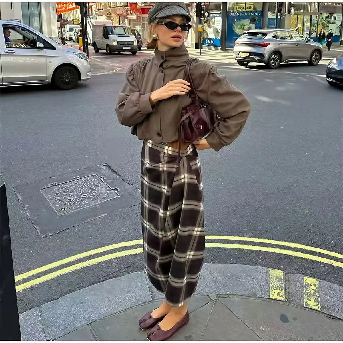 Plaid Skirt Women Checked Midi Skirt Fashion High Waist Pleated Irregular Slim Mid-length Bottom Lady Daily Commute Street Skirt