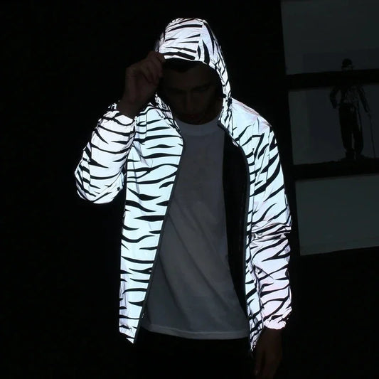 Men's Leopard Zebra Reflective Night Shining Hooded Windbreaker Jacket Streetwear Harajuku Hip Hop Waterproof Hoodie Coats Male