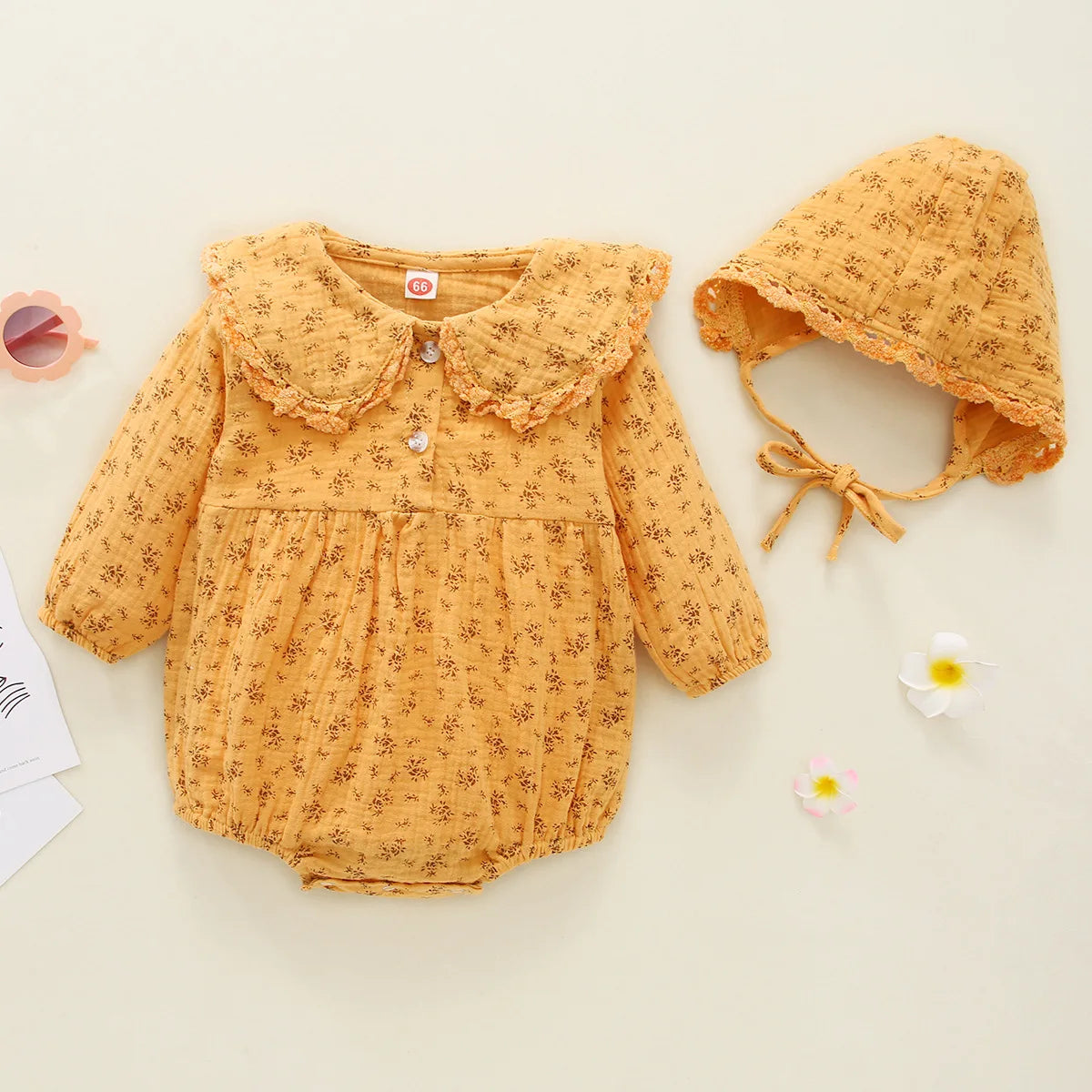 Autumn Newborn Infant Baby Girls Romper +hat Muslin Lapel Floral Rompers Kids Onepiece Fashion Baby Clothing