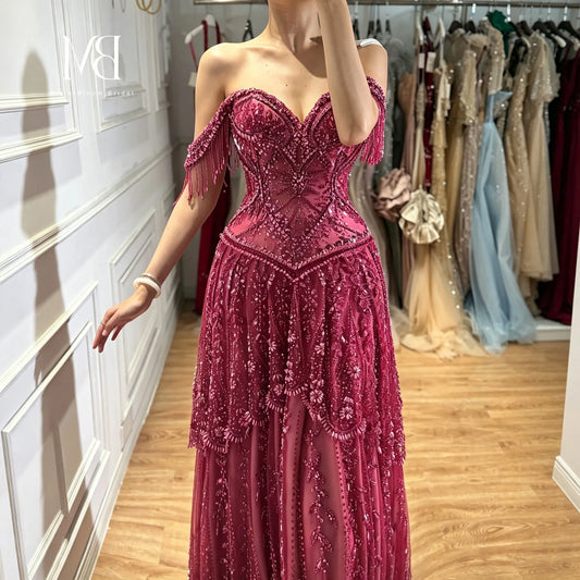 Red Off-the-Shoulder Strapless Sleeveless Floor-Length Formal Ball Gown Beadwork Embroidery Glowing Women's Occasion Dress