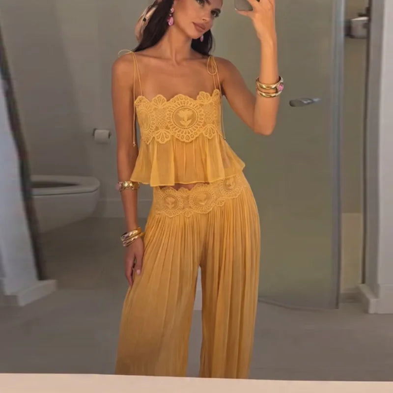 Women Floral Lace Sheer Layers Skirt Set Spaghetti Strap Ruffle Crop Top High Waist Maxi Skirts 2026 Summer Beach Female Outfits