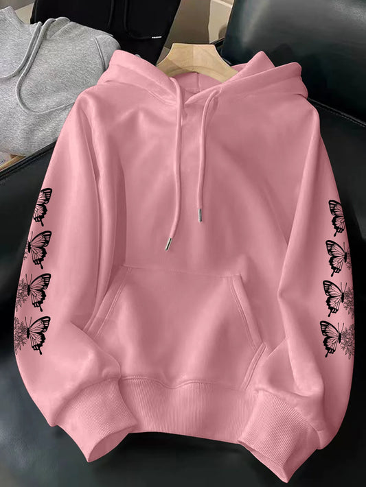 Butterfly series printed pattern plush hooded sweatshirt with fashionable style suitable for autumn and winter seasons Unisex