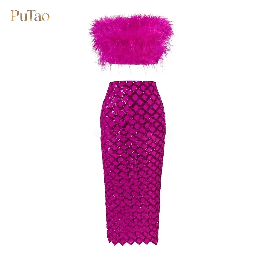 PuTao 2 Piece Formal Outfit White Feather Strapless Crop Top Sequin Mesh Midi Skirt Set Evening Birthday Cocktail Dresess