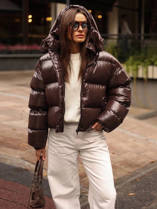 Hooded Glossy Women Winter Coat Loose Thicken Long Sleeve Elastic Hem Jackets Oversized Stand Collar Warm Street Outerwear Lady