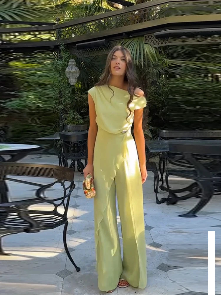 Women Pant Asymmetric One Shoulder Jumpsuit Chiffon Draped Overlay Wide Leg Pants Elegant Formal Party Casual Outfit For Ladies