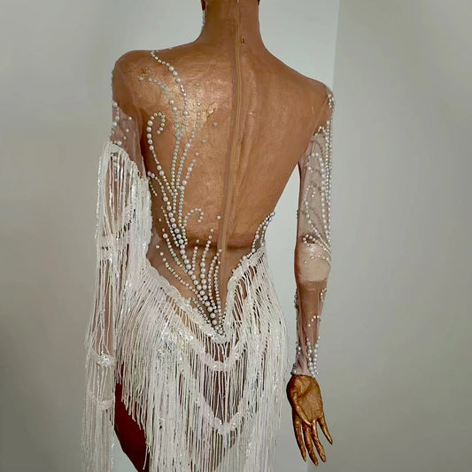 Silver White Rhinestone Pearl Fringe Latin Dance Long Dress for Women Birthday Celebrate Transparent Cloth Ballroom Competition