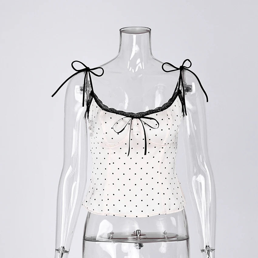 Linad Sexy Polka Dot Lace Spaghetti Strap Vests 2026 Street Chic Satin Lace Up Camisole Women Spring Elegant Sleeveless Tops Bow