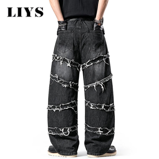 LIYS Men's Gothic Baggy Jeans Raw Frayed Edge Deconstructed Patchwork Wide Leg Denim Pants Y2K Punk Streetwear Trousers 
