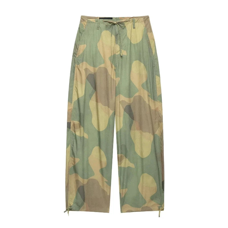 Camo Print Drawstring Waist Women Pants Wide Leg Loose Cut Drawstring Hem Relaxed Fit Casual Trouser Streetwear 2026 New Fashion