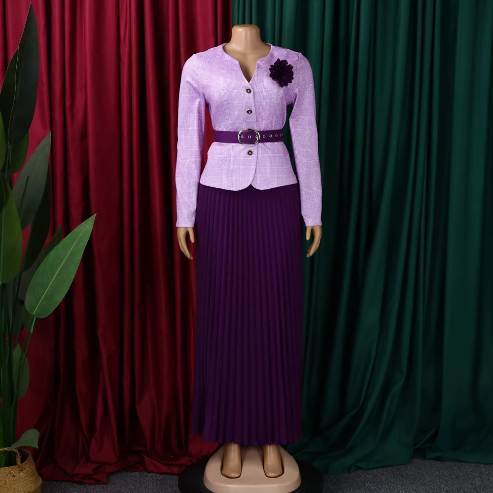 JENYAGE Women 2 Piece Plaid Long Sleeve Jacket & Pleated Midi Skirt Set Elegant Formal Church Business Party Matching Suit